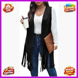 Plus Size Faux Suede Fringe Hem Open Front Vest Coat
